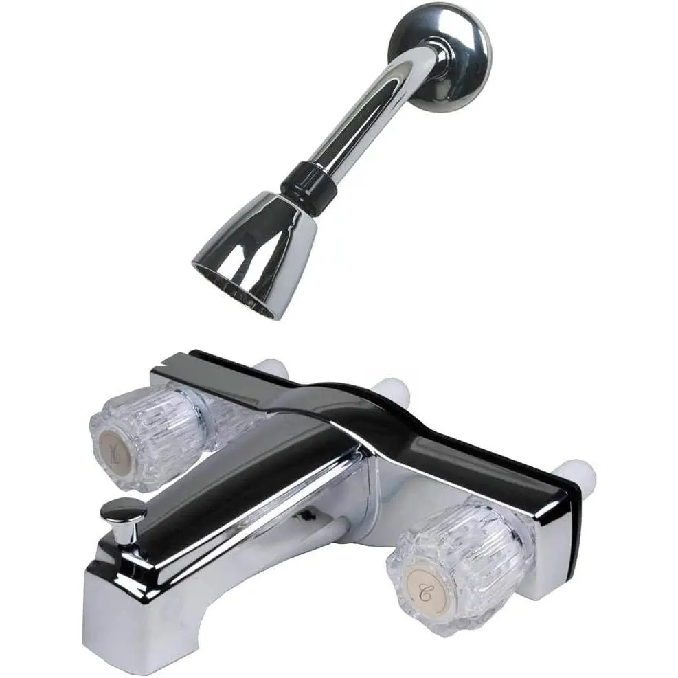 RV & Mobile Home 8 Inch Tub Shower Diverter with Clear Handles and Shower Head, Chrome Finish