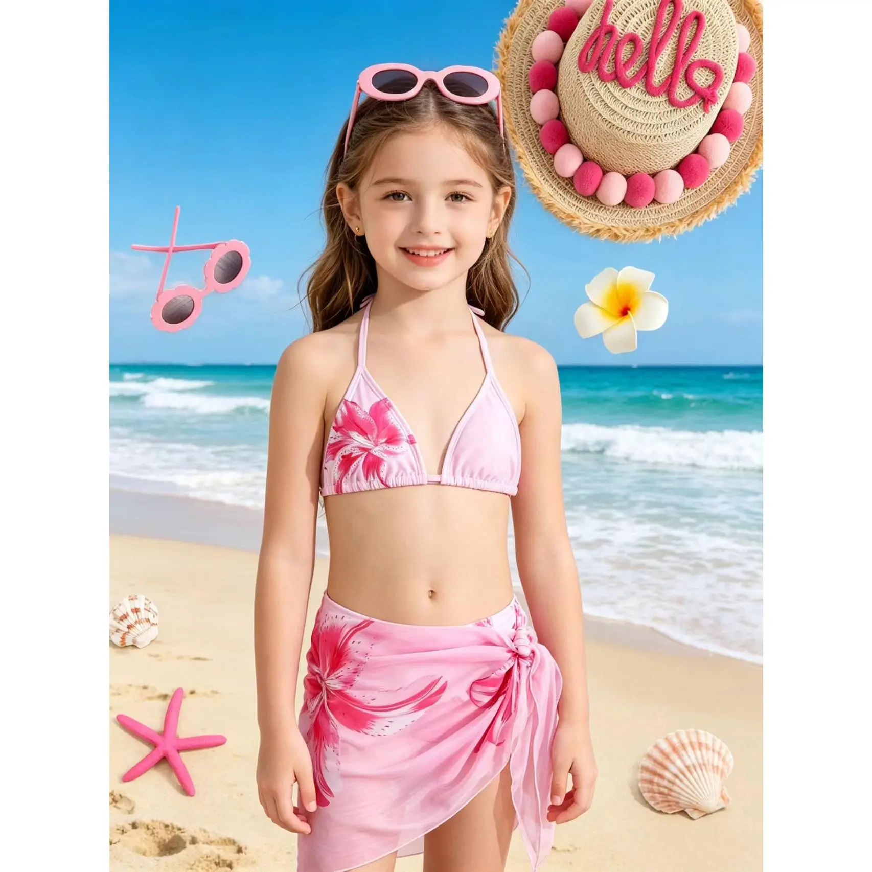 Zz Cute Tween Floral Triangle Bikini Swimsuit Set with Sarong (Print Style Random) Young Girls Sets Swim Suits for Women Bathing Suit Set Bathing Suits for Teens Top Summer Holiday