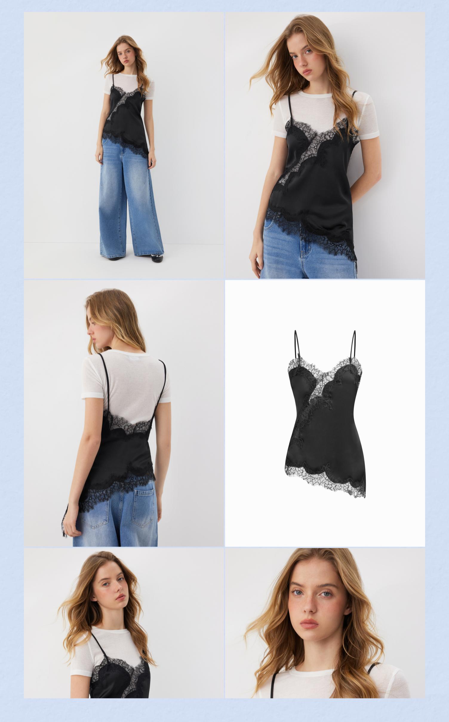 Cider Satin V-neck Floral Lace Lettuce Trim Cami Blouse