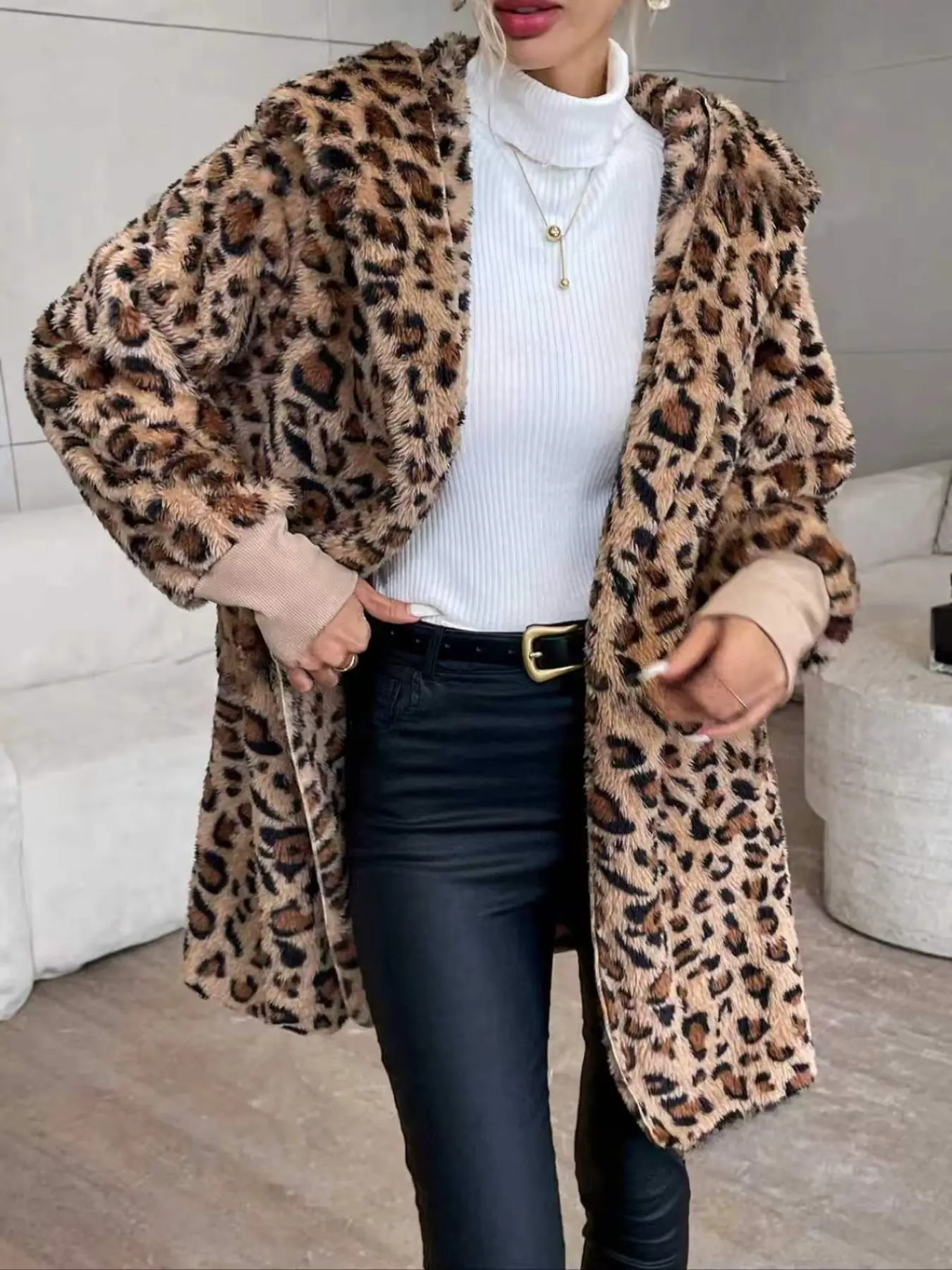 Women's Casual Leopard Print Fleece Lined Hooded Jacket, Thick Warm Autumn Winter Coat, Stylish Outerwear for Daily Wear
