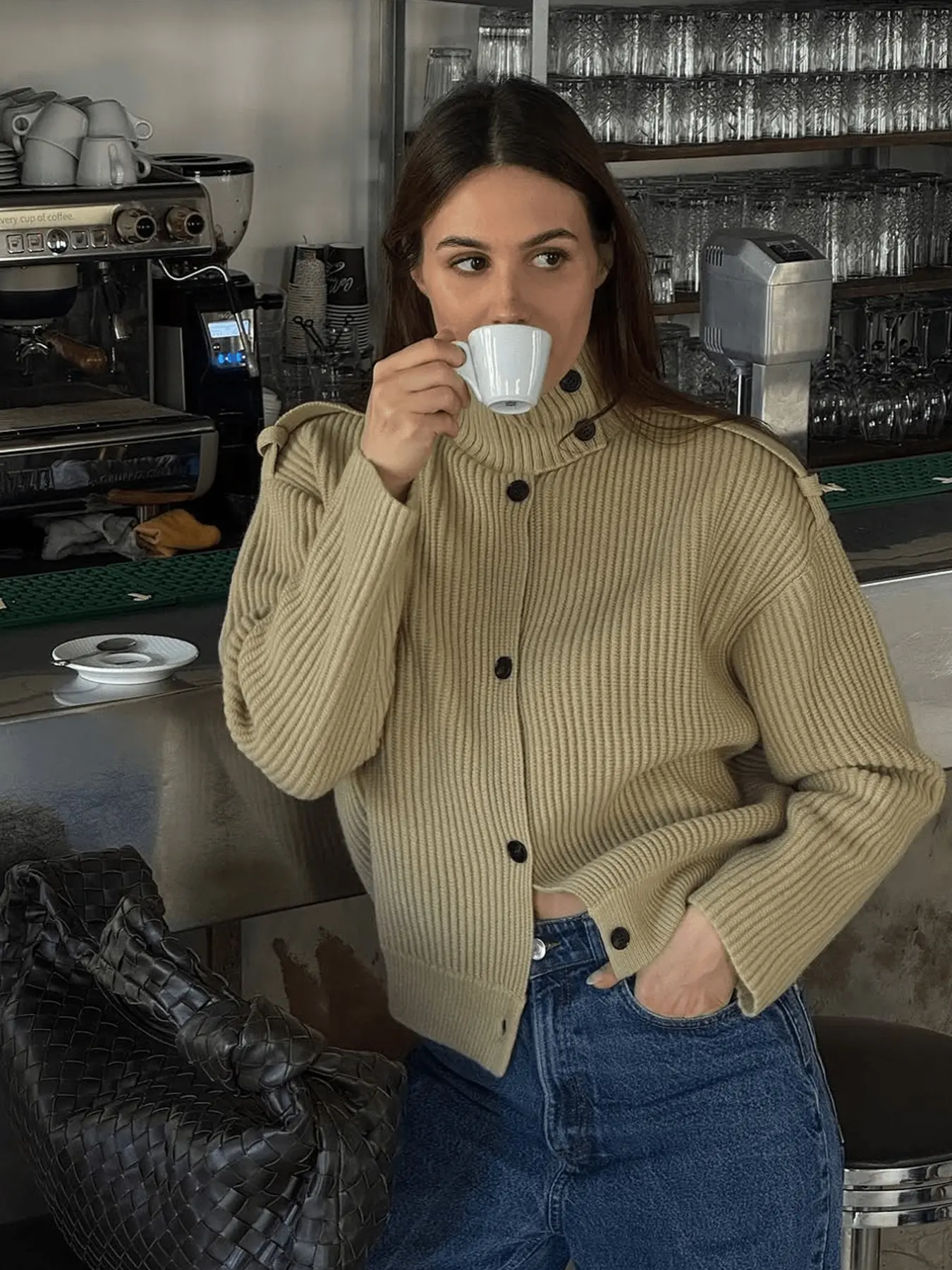 Women's Fall Winter Minimalist Commuter Style Asymmetric High Neck Button Knit Cardigan, Loose Fit Short Sleeve Sweater Coat, Daily Wear Outerwear