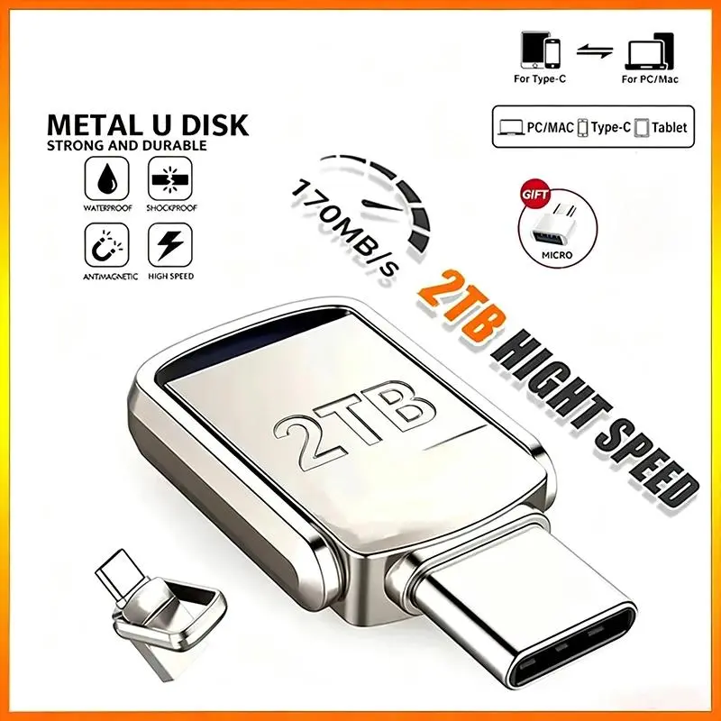 U Disk 2TB Metal Flash Drive USB 3.2 Type-C Interface Flash Drive 2TB High-Speed Pen Drive for PC Smartphone Storage