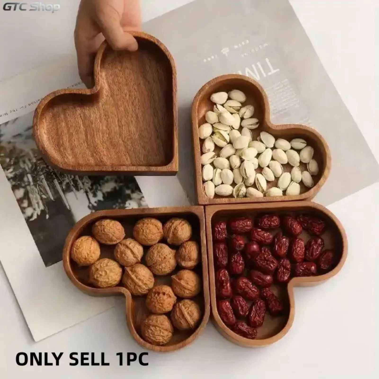 1pc Heart-Shaped Solid Wood Candy Tray, Stackable Creative Walnut Wood Snack Box, Multipurpose Nut & Dried Fruit Serving Tray