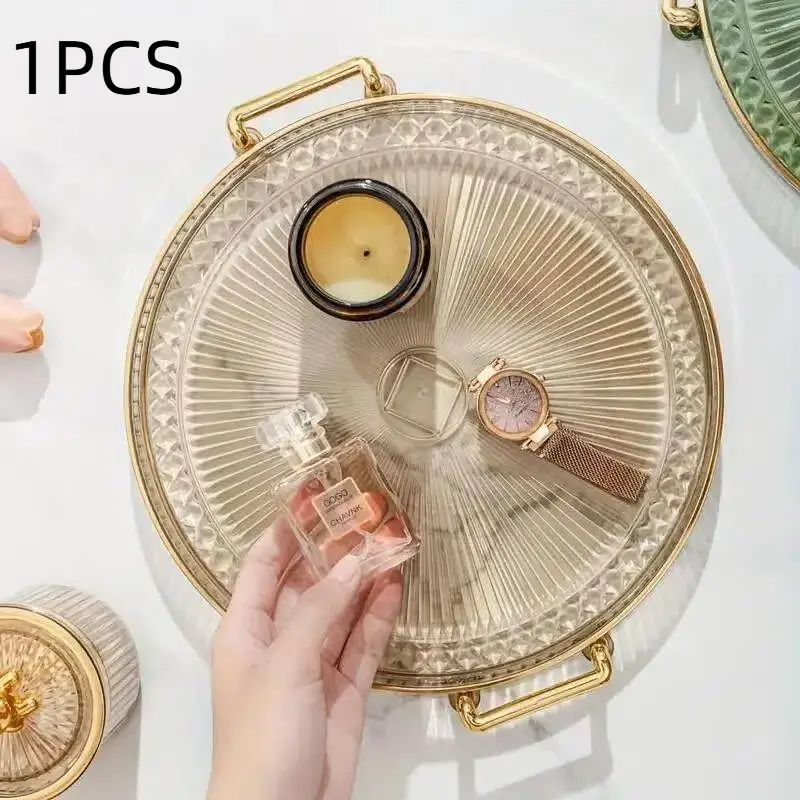 Round Double-Handled Tray for Home Use, Elegant Storage for Tea Cups, Fruits and Candies, Perfect for Living Room and Nail Art, Salad Serving Platter Elegant Plastic Plates, Snack Plates, Platters for Serving Food Party, Plastic Trays for Serving Food