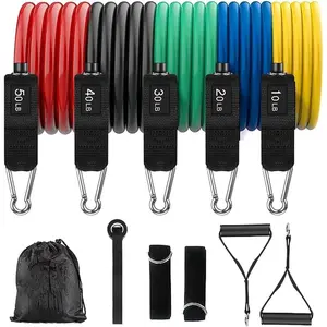 Resistance Bands Set 11 Pieces Home Gym Workout Equipment TPE Fitness Bands with Handles Ankle Straps Door Anchor for Full Body Strength Training Pilates Yoga