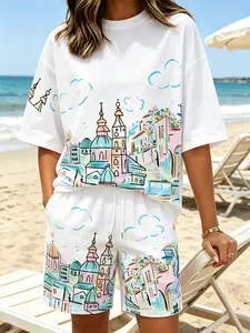 Unisex Pastel City Building Print 2 Piece Tracksuit Set,TikTok Viral 2026 Summer Vacation Loungewear, Oversized Crew Neck Short Sleeve T Shirt & Elastic Drawstring Casual Shorts,Y2K Beach Travel Streetwear Matching Set,Ideal For Beach, Holiday, Shopping