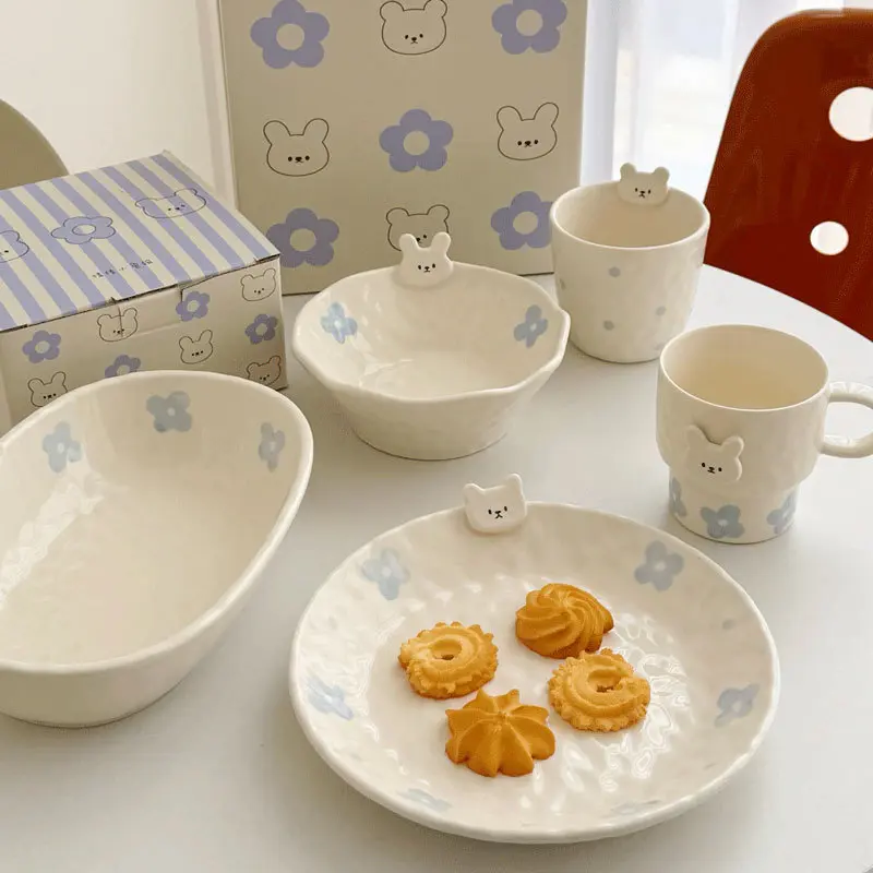 Cute Irregular Shapes Ceramic Cartoon Print Bear & Rabbit Underglaze Color Internet-Famous Dishes Set - Kitchen Tableware with Bowls, Plates, Mugs for Kids, Set Includes Bowl