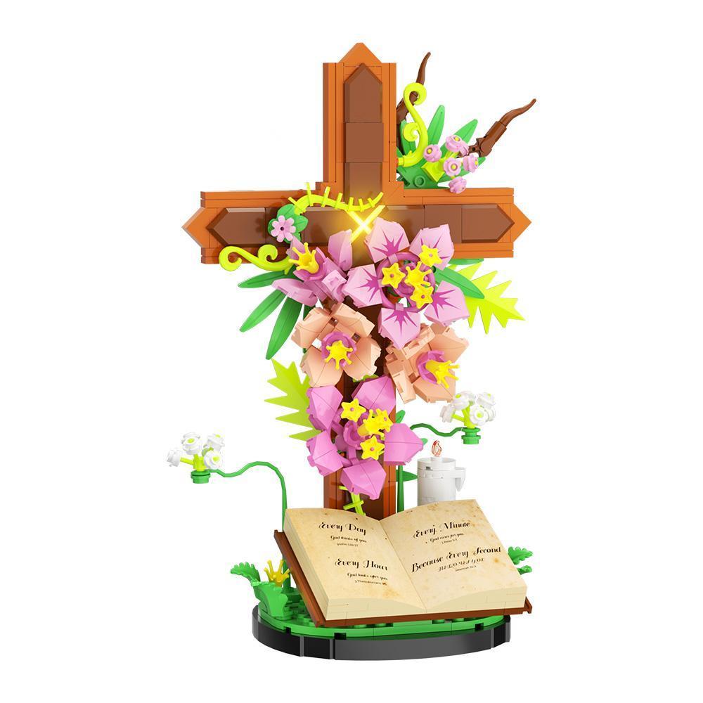 MOC Cross Flower Building Blocks Jesus Cross Tulip Decorative Bricks Adult Toy Christmas Gift