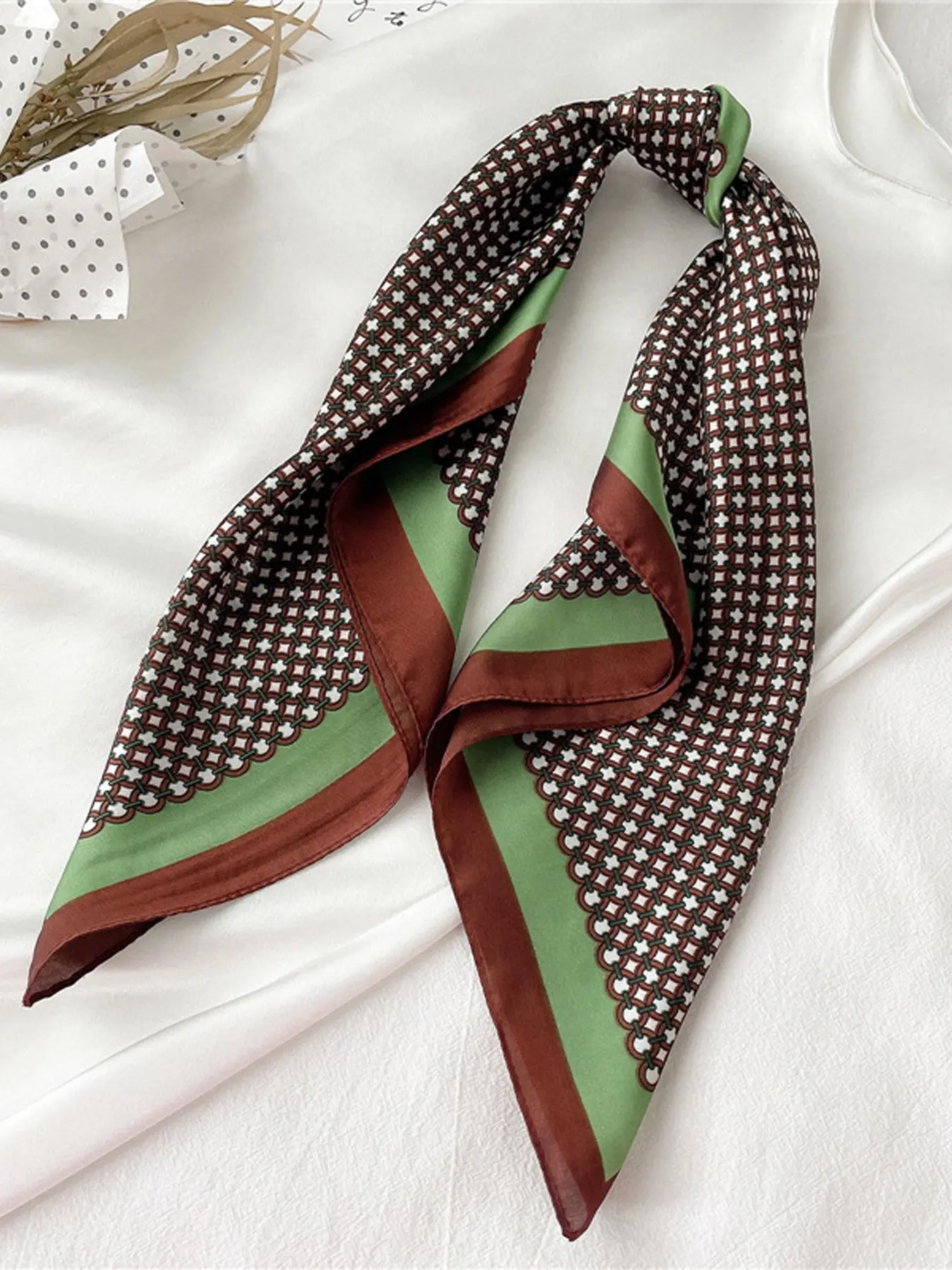 3 Colors Tiny Mini Dot Double Border Satin Square Scarf, Elegant Marble Pattern, Loose-Fitting, All Seasons, Silk Scarf