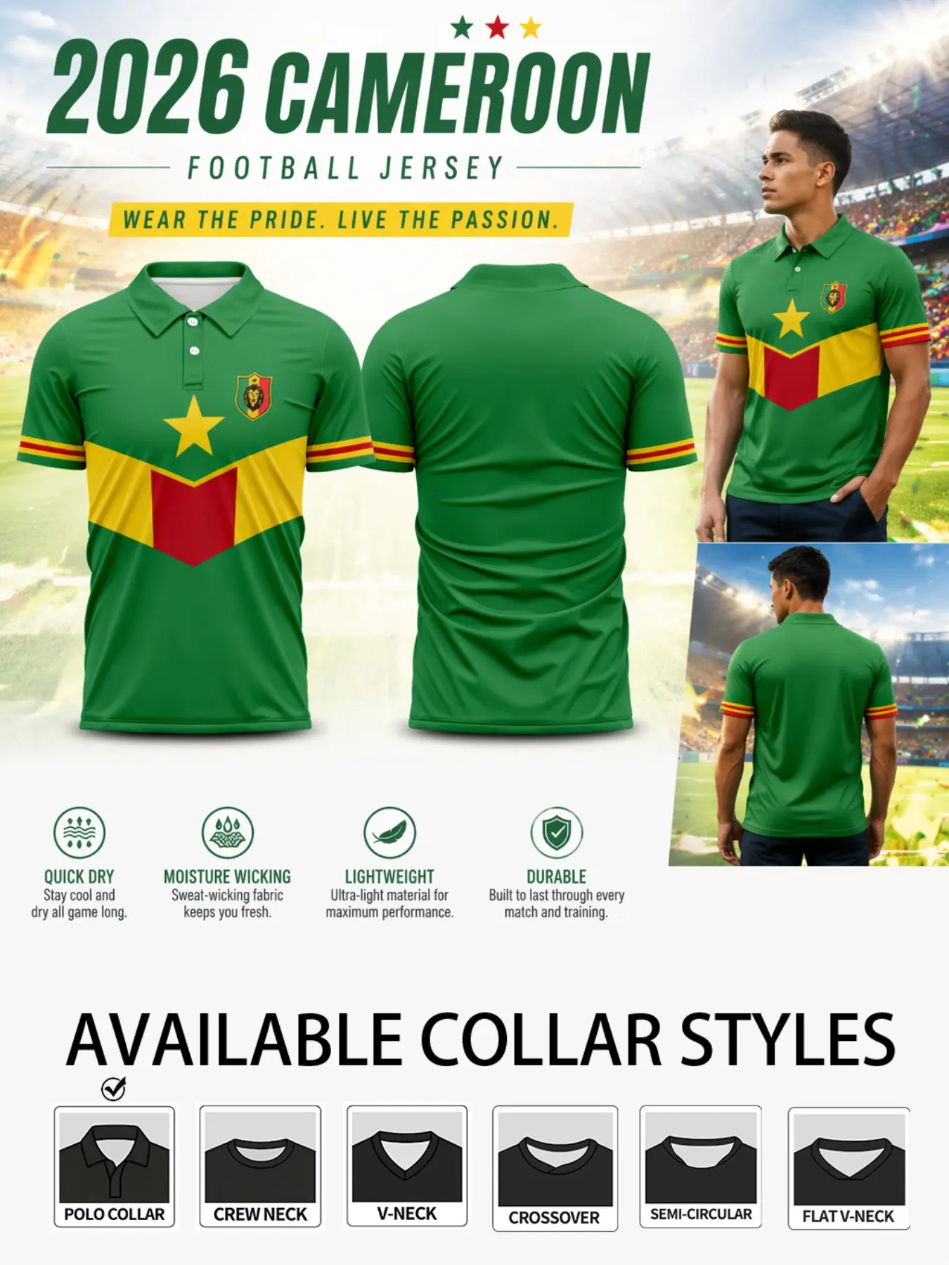 2026 Cameroon Soccer Jersey, Short Sleeve High-Performance Football Top, Quick-Dry Breathable, Ideal for Training, Matches, Running, Casual Wear