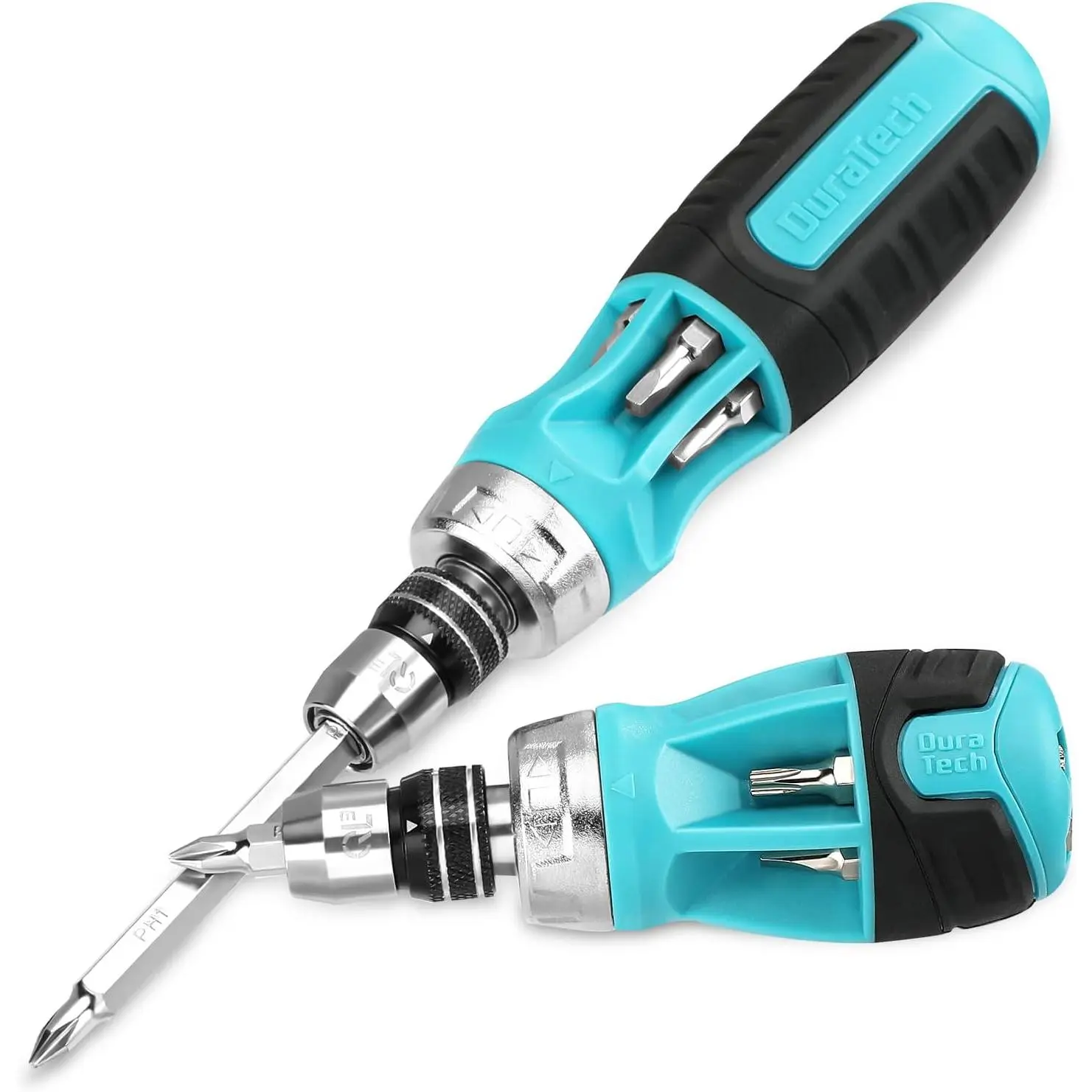 2PCS 12-in-1 Ratcheting Screwdriver Set, Multi-bit Screw Driver| Standard/Stubby Screw Driver Set, S2, Innovated Bits Quick-Load Mechanism, with, Slotted, Torx, Square Bits