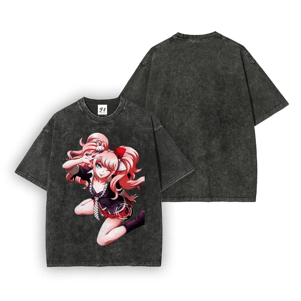 Multi Color Vintage Acid Washed Oversized Short Sleeve T Shirt, Junko Enoshima Danganronpa Anime Character Graphic Vintage Washed Tee, Retro Manga Streetwear Casual T-Shirt for Men Women Multiple Vintage Washed Color Options