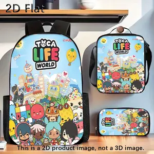 The Winter Valentine'S Day Easter 3pcs Computer Backpack Toca Life Story Student School Bag Set Is Made from Casual Polyester.It Includes a Messenger Bag And a Pencil Case, Has a Zipper Closure, And Can Be Washed by Hand