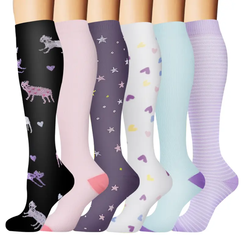 6 Pack Cute Printed Knee High Compression Socks 15-20mmHg Unisex Support Socks for Nurses Running Travel Relieve Leg Fatigue & Swelling