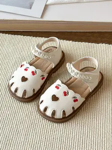 Cherry Embroidered Girl Sandals, Pearl Velcro Strap, Heart Cutout, Breathable Soft Sole, Cute Summer Learning Shoes, PU Material