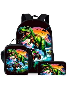 Dinosaur Printed Backpack Three Piece Set Including (Single-Layer Backpack + Shoulder Strap Lunch Bag + Single-Layer Pencil Bag) School Backpack Geometric Pattern Backpack