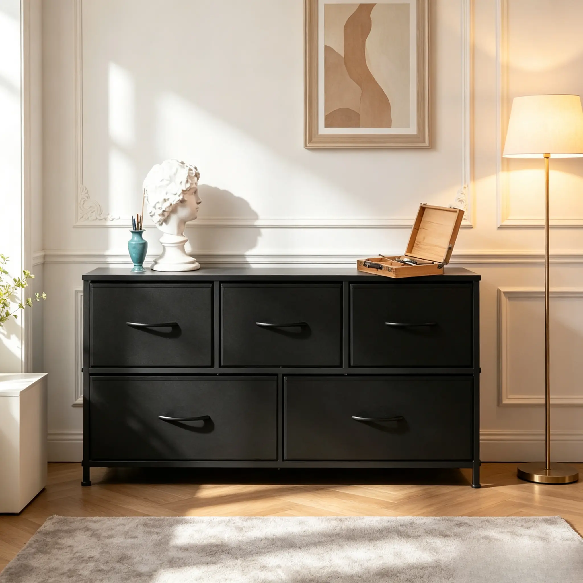 Bedroom chests of drawers available in three sizes, equipped with storage drawers, elevated large fabric storage racks, clothing storage organizers, drawer cabinets with metal frames and wooden tops, suitable for nurseries, wardrobe areas, living rooms
