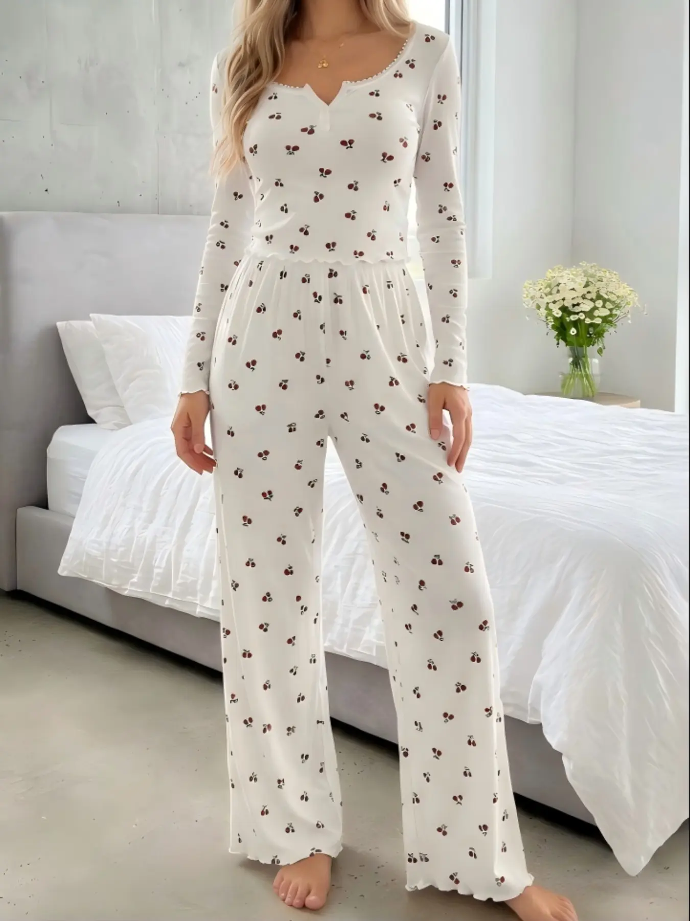 Two-piece Set Women's Cherry Print Pajama,Women's 2-Piece Lounge Set,Lace Trim Ribbed fabric Long Sleeve Pants, Casual Elegant Homewear for Daily Wear,Comfort Pajama Womenswear for All Seasons