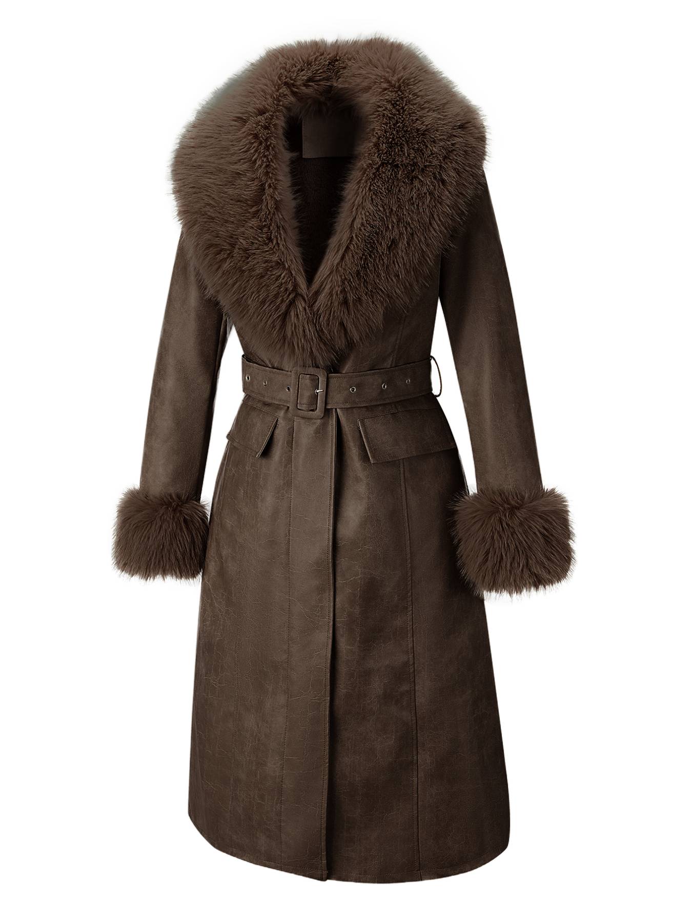 Women's Fall Winter Long Faux Fur Coat, Vintage Style Casual Cotton Woven Jacket with Large Collar and Belt, Elegant Plain Design
