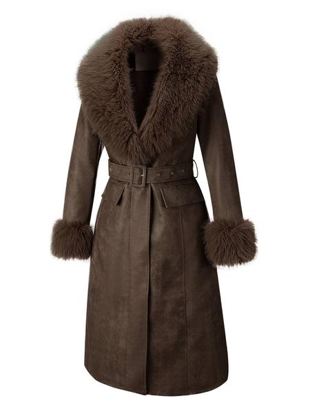 Women's Fall Winter Long Faux Fur Coat, Vintage Style Casual Cotton Jacket with Large Collar and Belt, Elegant Plain Design