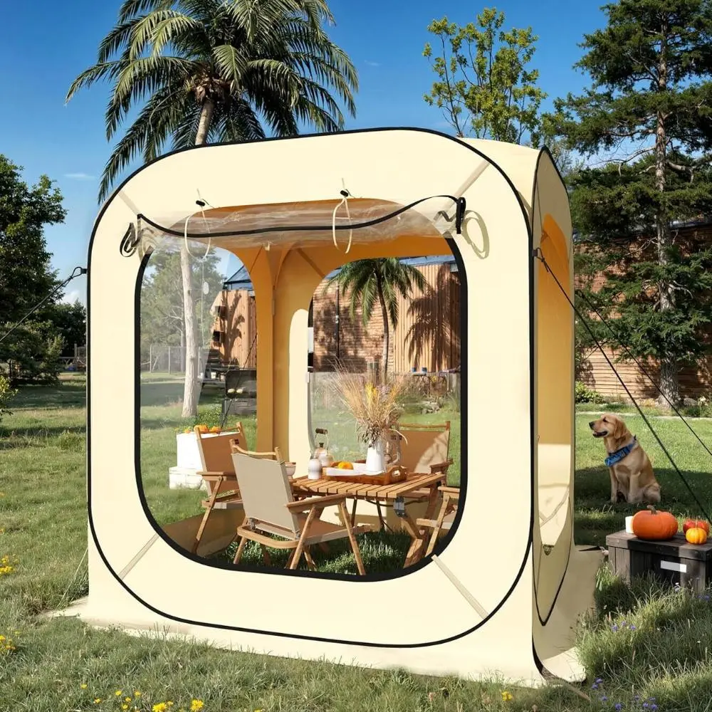 6x6 Ft Outdoor All-Weather Pop Up Tent - 2-3 Person Instant Rainproof Coldproof Windproof Shelter, Outdoor Tent for Backyard Party, Beige for Patio, Sports Events