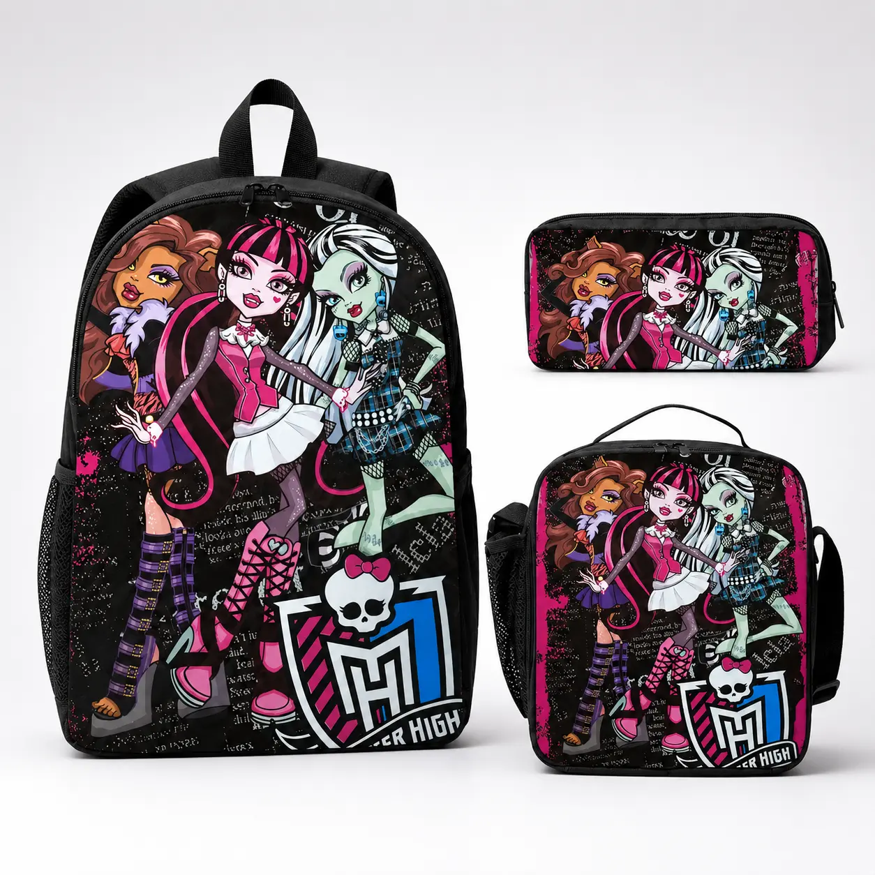 Back to school, Monster High 17in Lightweight Unisex Backpack Set, Includes Lunch Box, Pen Pouch - Backpacks for School, Outdoor Travel Daypack (Draculaura, Cleo de Nile Themed)