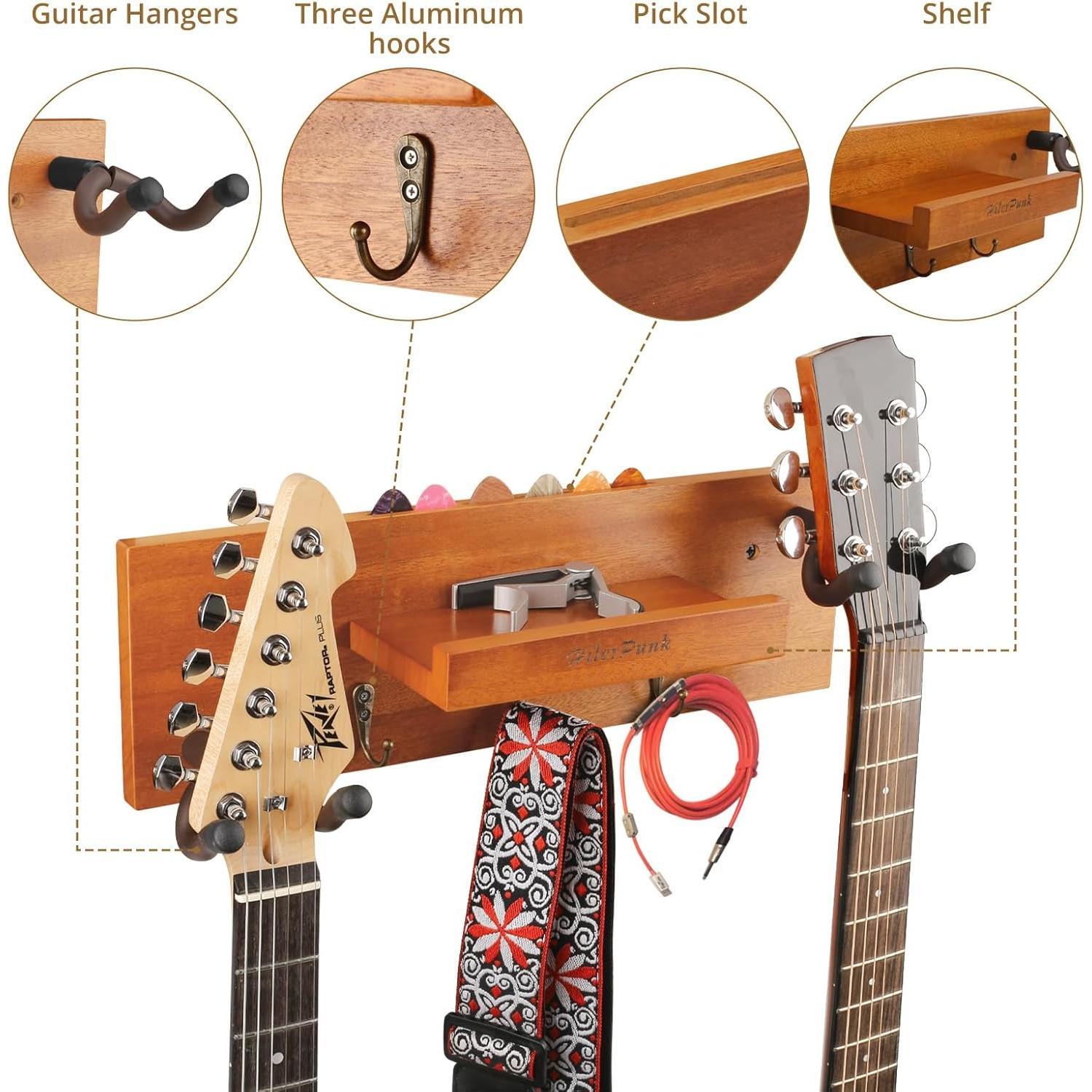 Guitar Wall Mount,Solid  Guitar Wall Hanger with 3 Storage Hooks and 2 Rotatable Rubber Guitar Hanger,Guitar Display Stand with Shelf and Pick Holder for  Size Guitar-Sapele  Color