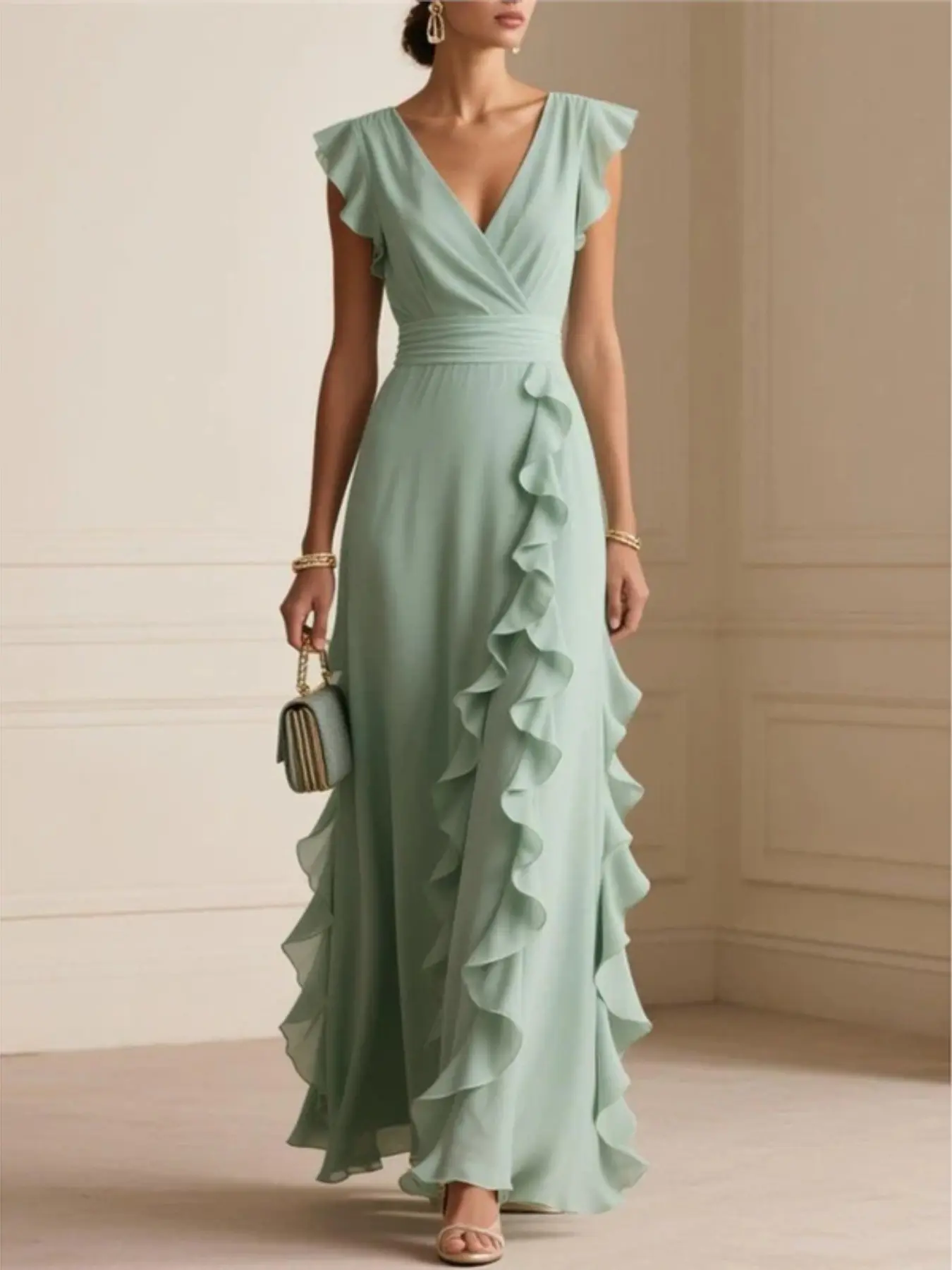Women’s Elegant Maxi Dress, V Neck Ruffle Dress, Flutter Sleeve Wrap, Formal Long Dress, Wedding Guest Evening Party Gown