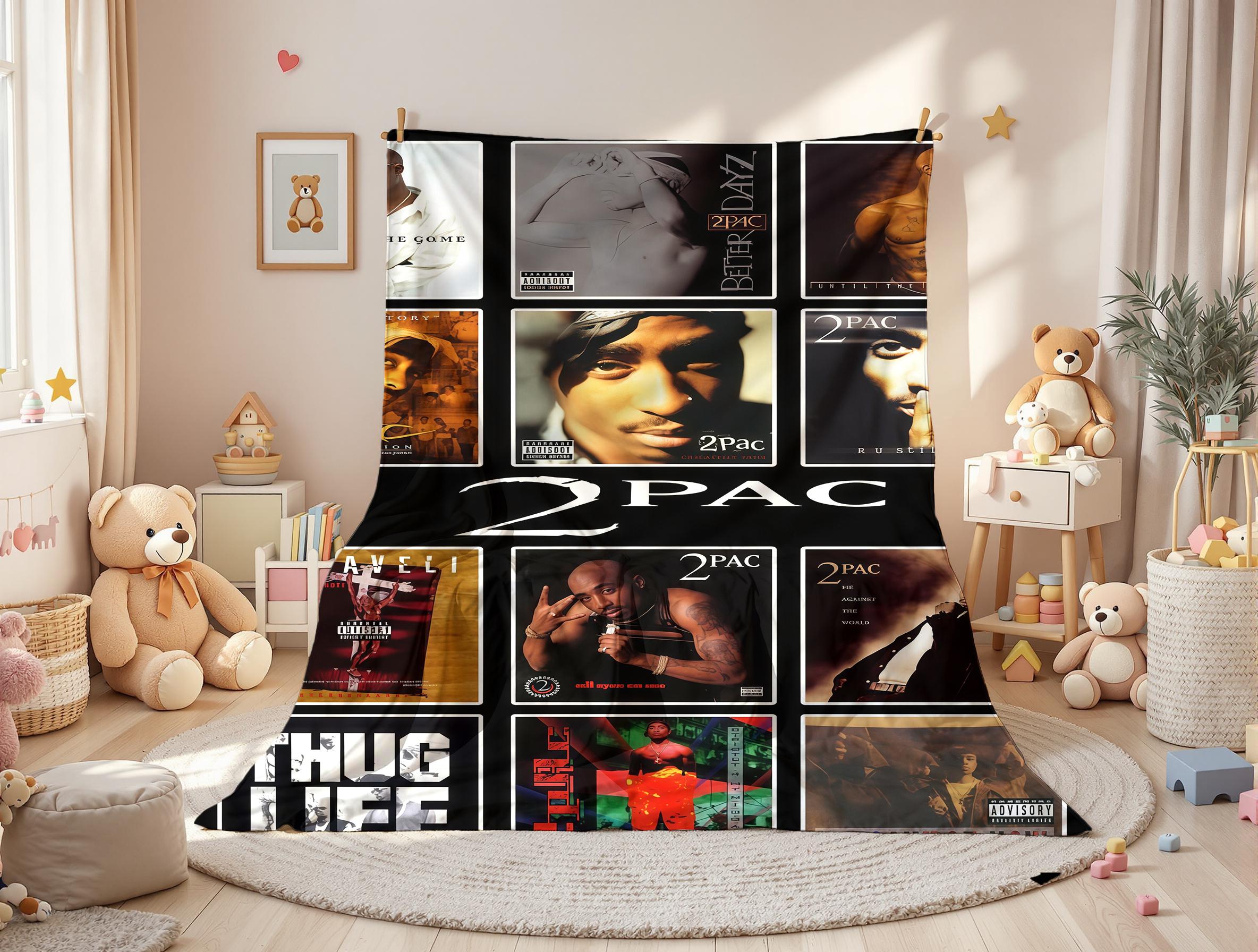 2Pac Tupac Shakur Iconic Album Art Collage Fleece Blanket – Makaveli Thug Life Hip Hop Icon Plush Throw, Perfect for 90s Rap Collectors
