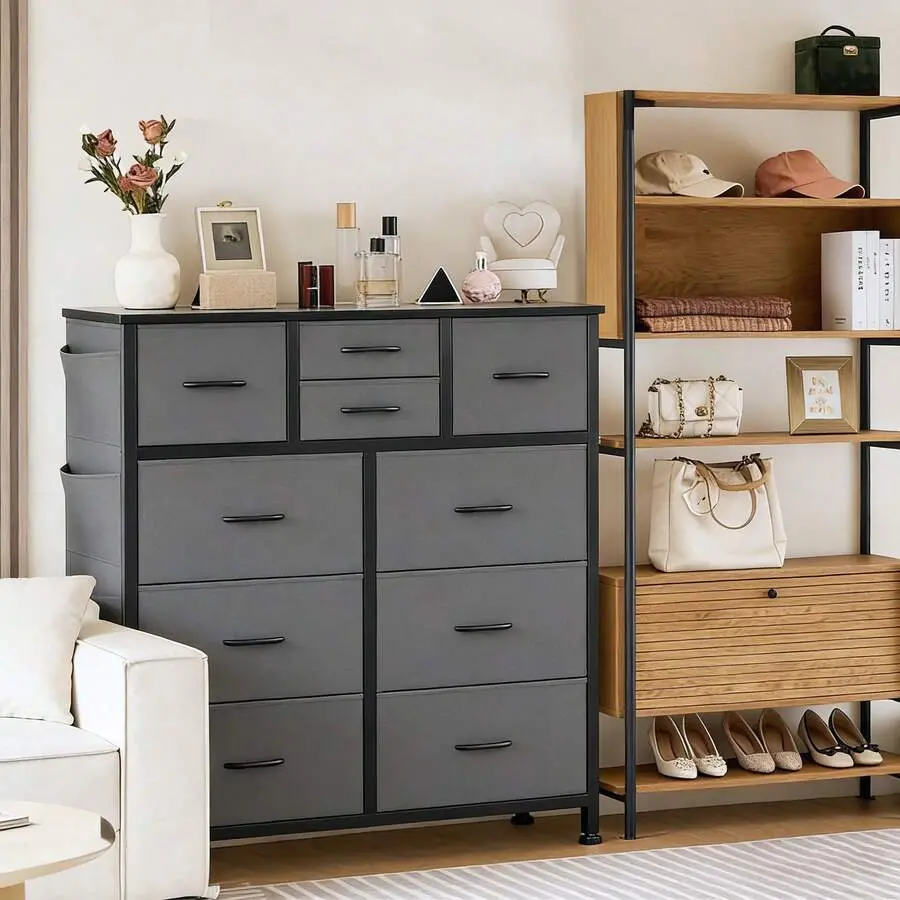 10 Drawer Dresser,Storage Organizer, Dresser Tower With Side Bags, Suitable Home And Office Use