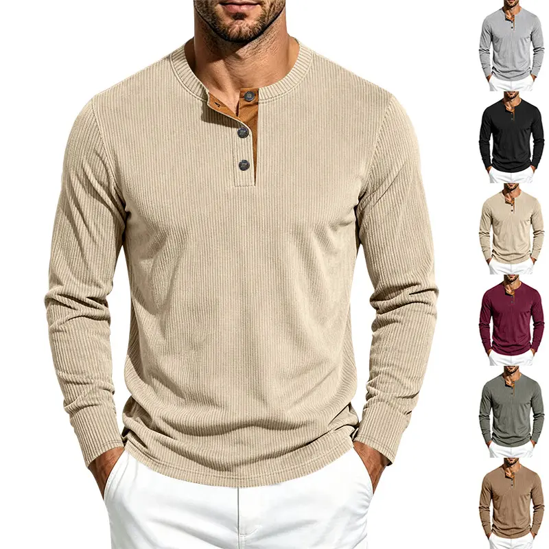 Men's Autumn Winter Season Retro Henley Shirt Long Sleeved T Shirt Color Contrast Placket Casual Daily Top Soft Ribbed Texture Button Henley Shirt Stylish Relaxed Fit Long Sleeve Shirt For Daily Casual Outdoor And Street Outfit Matching