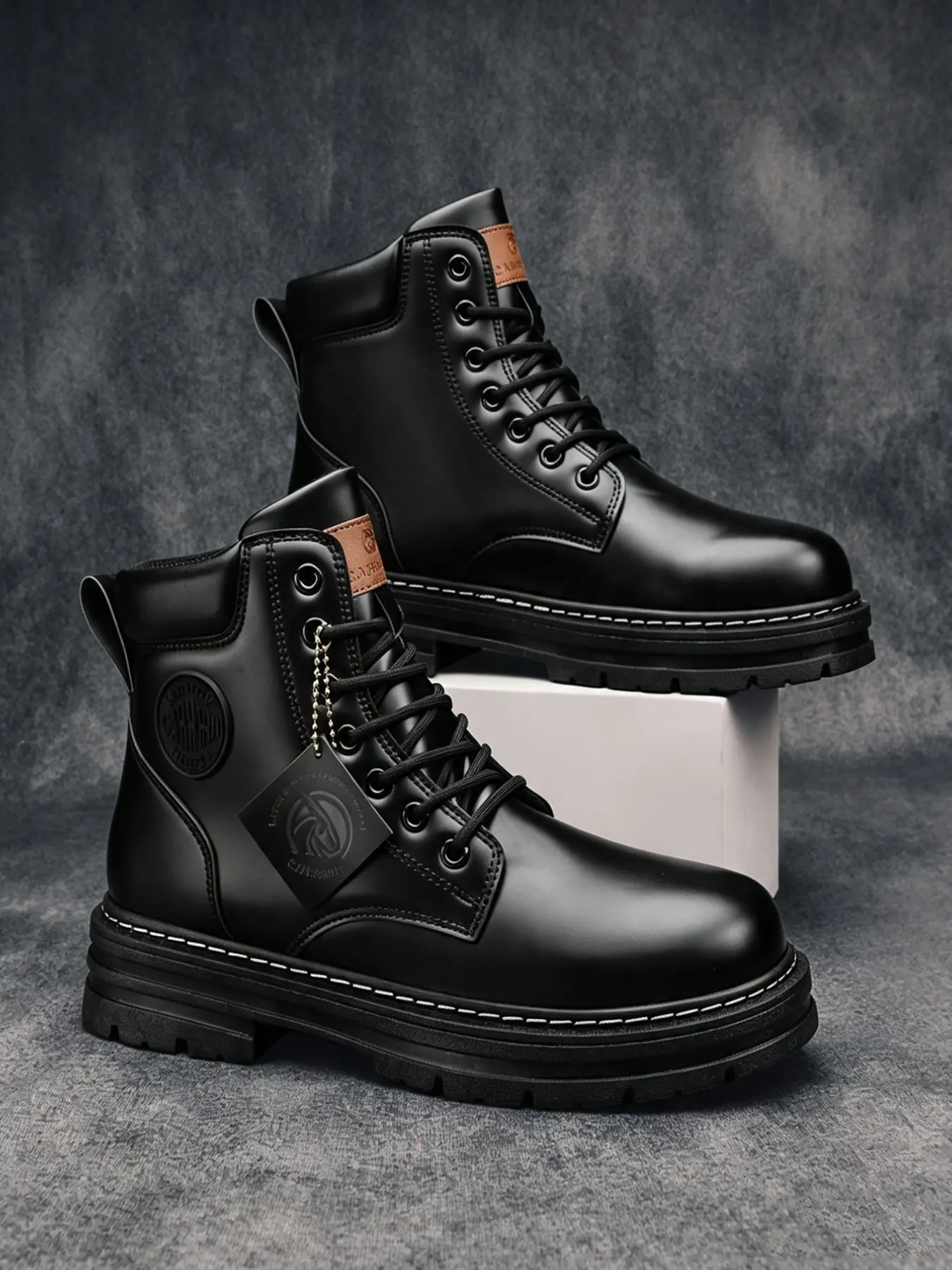 Men's Classic Mid-Calf Boots Fall & Winter, Flame Pattern Print, PU Leather Rubber Waterproof Anti-Slip, Vintage Style Streetwear Fashion Boot