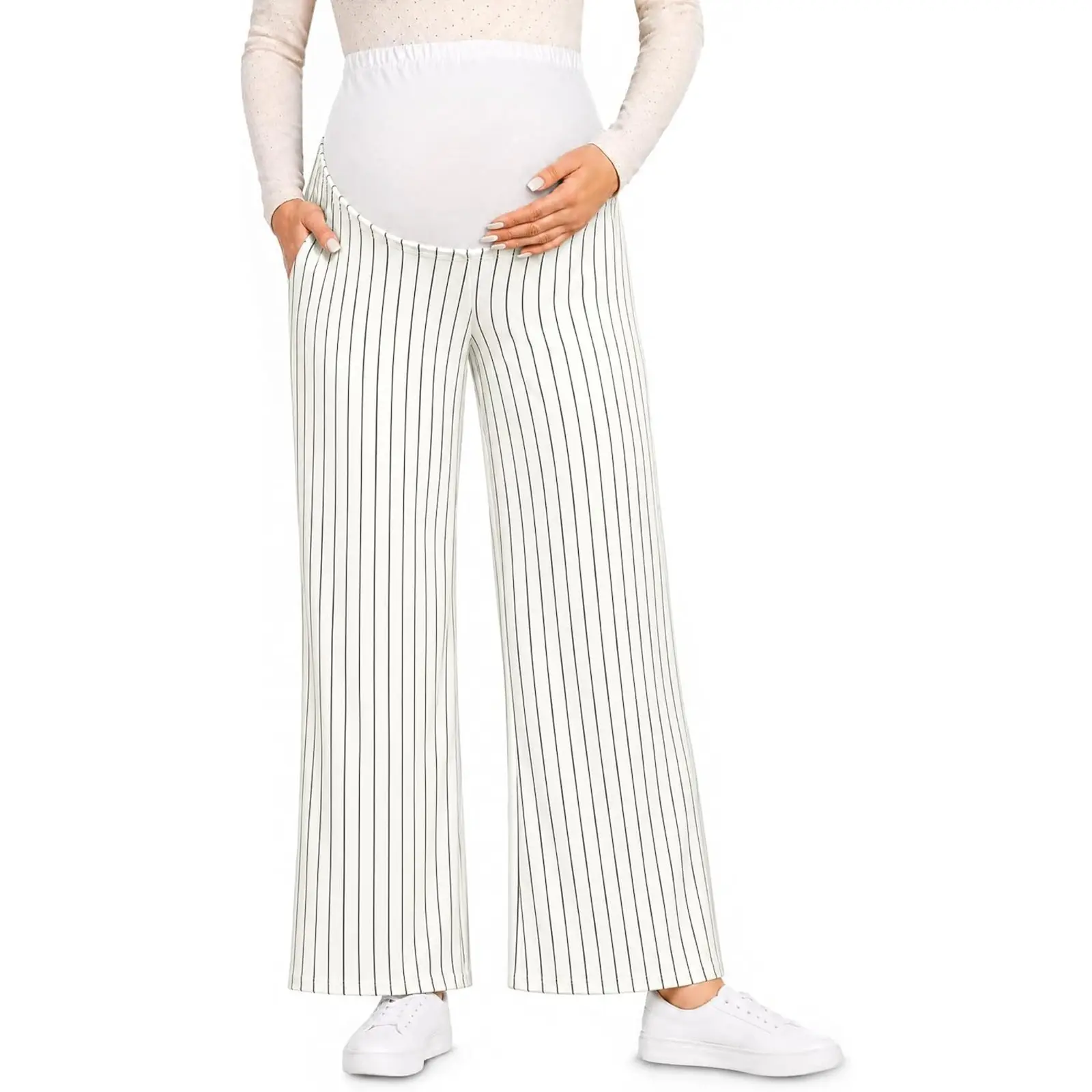 YOUSIFY Maternity Pants, Women's Modest Wide Leg Palazzo Trousers in Stretchy Polyester for Work, Lounge, and Yoga, Polka Dot, Outdoor, Elastane, Fitted, Below The Ankle, Casual, Stretchy Fit, Safe Material, Lightweight, Checkered/Plaid