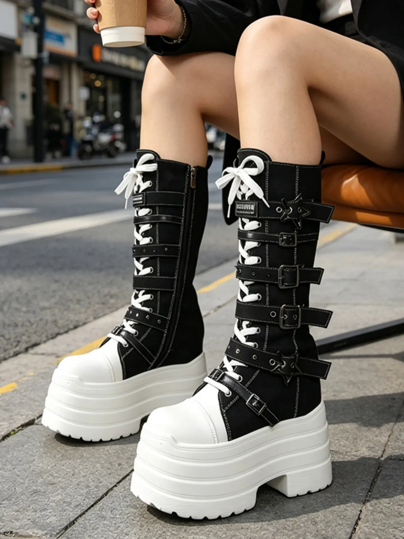 Women's Denim Canvas Long Boots, Chunky Sole with Buckle Design, Side Zip Closure, Urban Style, High-Quality Material, Innovative Concept, Trendy Boots, Casual Boots
