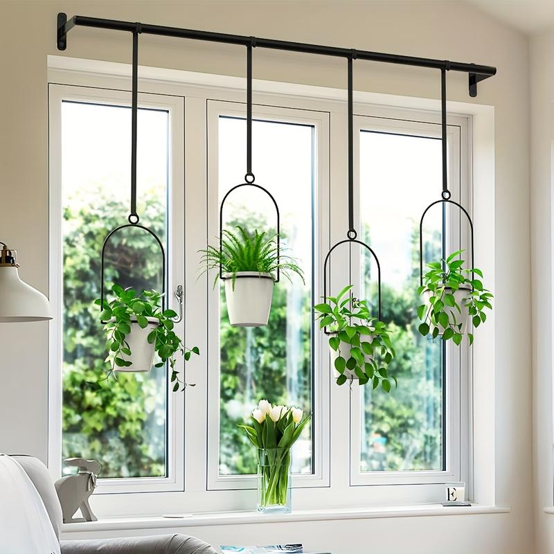 1set Metal Adjustable Hanging Planters with 4pcs Plastic Pots, Rail for Indoor Window & Ceiling Herb Garden, Wall Plant Hanger with Nylon Cords, 11.8" -18.1" Width Expandable Cabinet Drawers for Pot and Pan, Slide Out Storage Rack, Black, Flower Pots