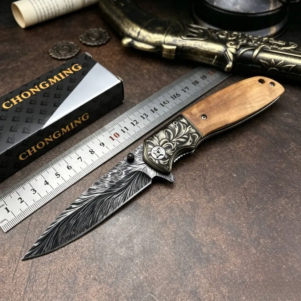 Best-Selling CM77 Pocket Folding Knife with 3D Print, 440C Blade, and Colorful Wood Handle—Outdoor Pocket Knife for Camping, Hiking, Survival, and Adventure; Gift or Collectible