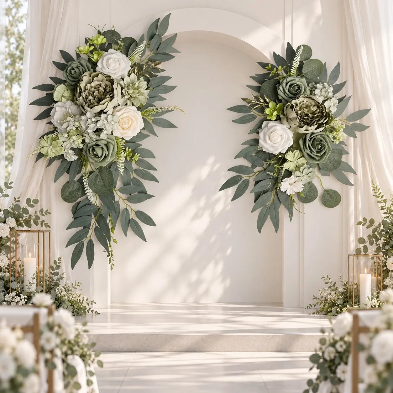 2Pcs Artificial Floral Swag Set, Sage Green Eucalyptus White Rose Peony Fake Flower Arrangement, Decorative Fake Florals, Wedding Arch Backdrop Door Wall Ceremony Party Home Decor (60cm+40cm)