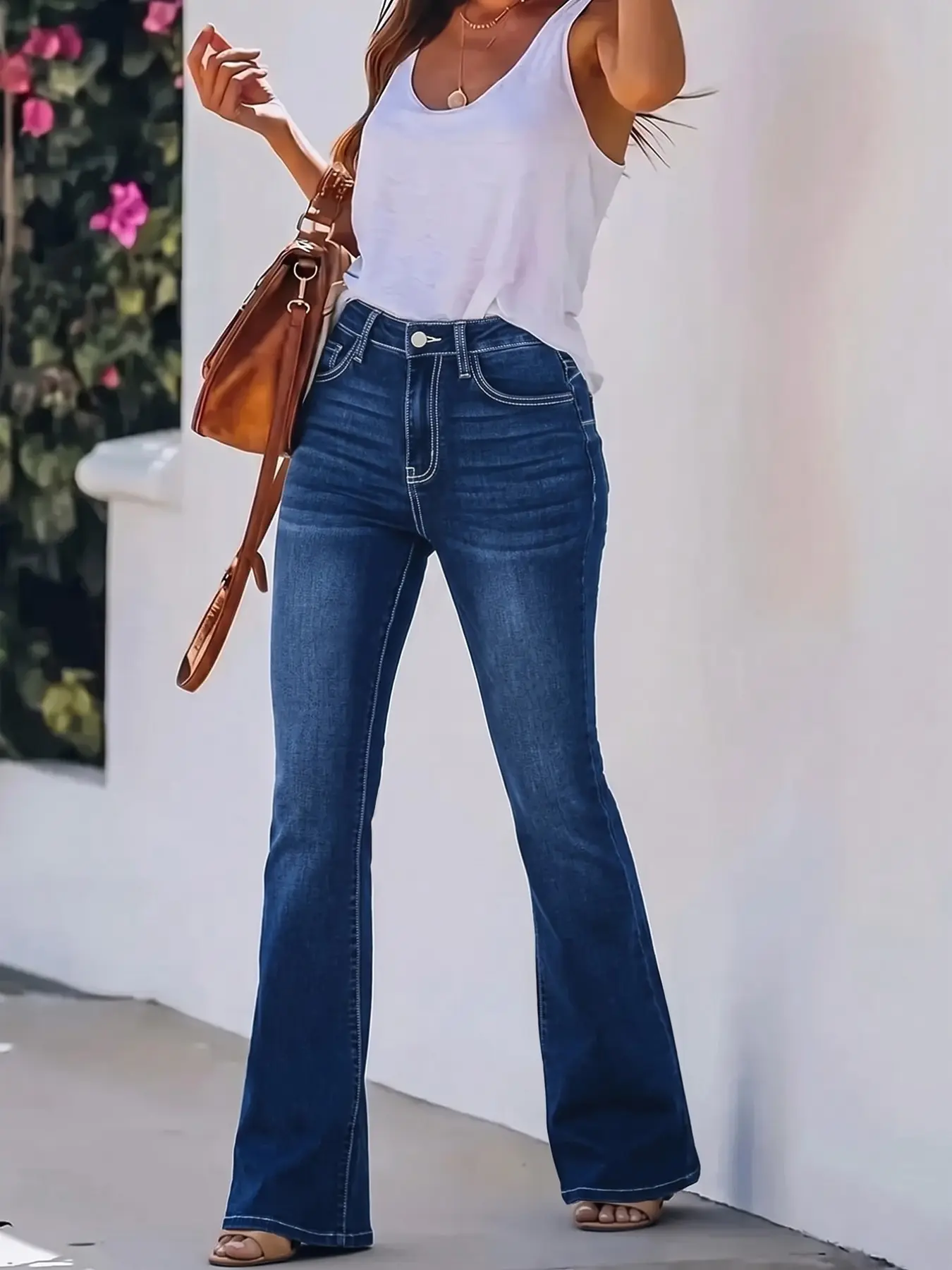 Women's Dark Wash High Waisted Stretch Slim Fit Flare Denim Jeans, Vintage Casual Style for Daily Wear, All Seasons Fashion, Bottoms