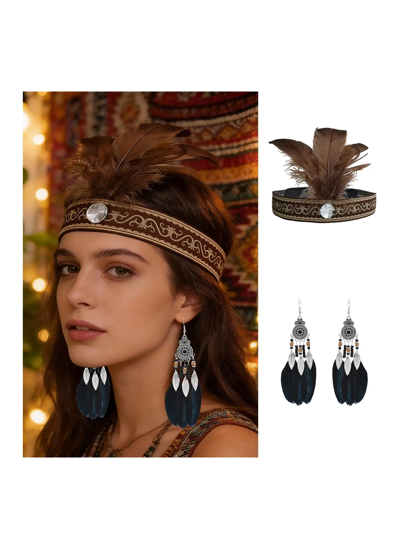 2pcs Retro Native American Feather Hairband & Earrings Set, Festival Tribal Theme Party Cosplay Accessories, Halloween Costume Props