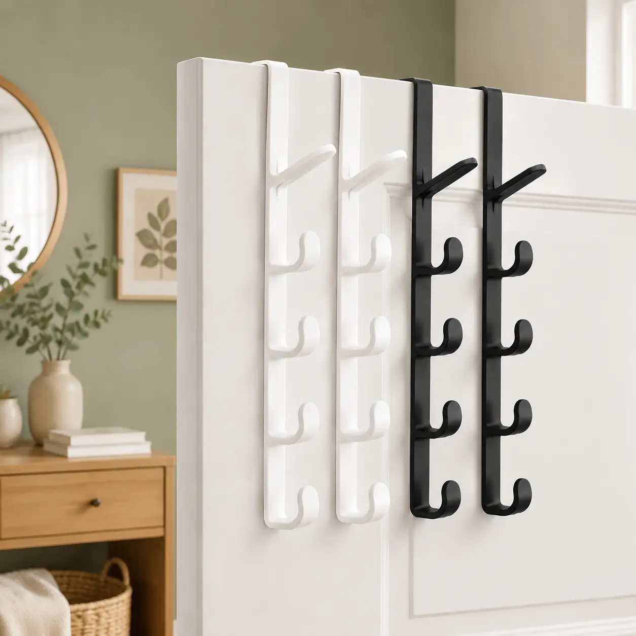 4 white and black dual color door back adjustable clothes hooks 4-piece set, Adjustable Hook System, easy to install without drilling, bedroom wardrobe, clothing accessories storage, holiday gift giving, practical home hooks