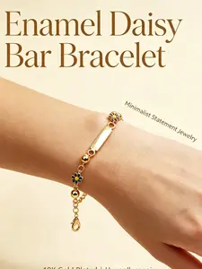 Enamel Daisy Beaded Bar Bracelet, Gold-Tone Plated Custom Engravable Flat Bar Wrist Chain, Hypoallergenic Delicate Floral Daily Jewelry Gift for Women Girls，#DaisyBracelet  EnamelFloralJewelry EngravableBracelet  SummerBracelet  DelicateWristJewelry