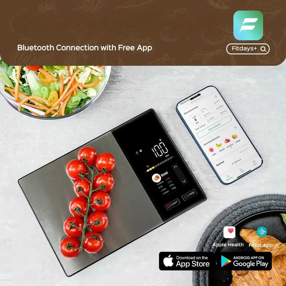 Smart Kitchen Scale with Nutrition Calculator, Bluetooth-compatible Connected, 999+ Ingredients, Calorie Tracking, 24 Nutrient Analysis, 5000g Capacity