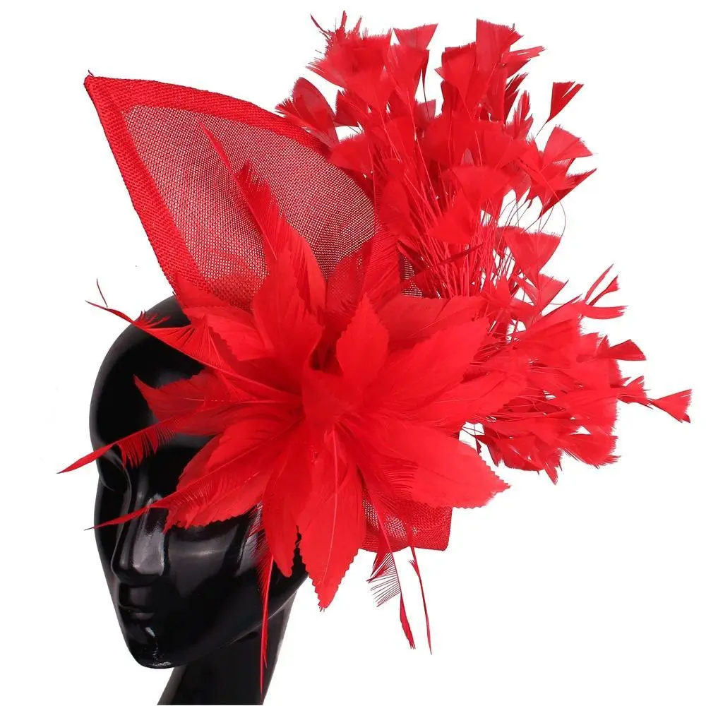 red Vintage Derby Loop Fascinators Hat Big Red Feather Headwear for Ladies Event Race Hair Accessories Fedora Millinery