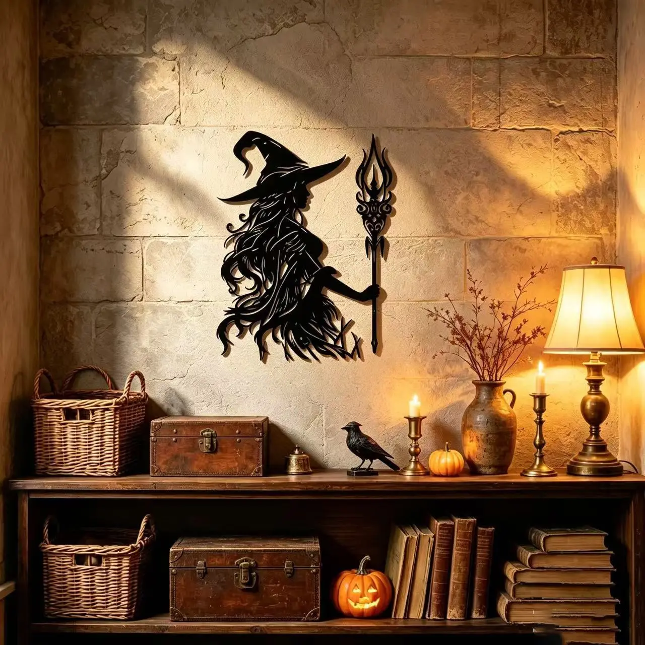 Gothic Witch Metal Wall Sculpture, Witch Holding Staff Silhouette, Farmhouse Style Decor, Bedroom Decor, Halloween Gift, Indoor Outdoor Home Decoration, Cool Wall Art, Decorative Artwork, Hanging Ornaments