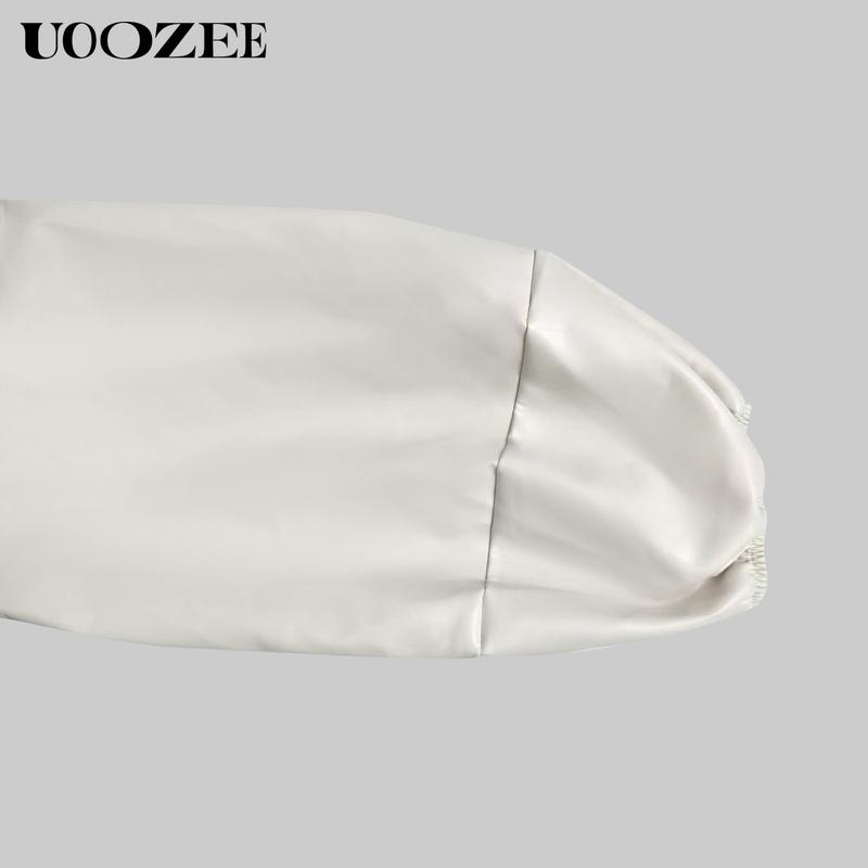 UOOZEE Women's New Fashion Autumn Winter Casual Fit Contrast Color PU Leather with Pockets Stand Collar Y2K Jackets, Puff Sleeves Patchwork Zipper Cropped Short Outerwears Coats