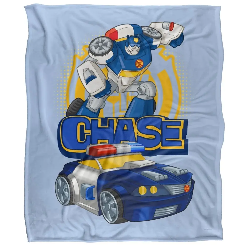 Light Blue Cartoon Rescue Mecha Flannel Throw Blanket Dual Form Robot & Police Car Print Bold Name Lettering Yellow Emblem Background Soft Cozy Warm Plush Blanket Kids Friendly Design For Bedroom Playroom Sofa Gift