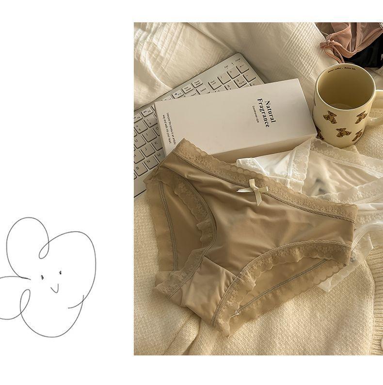 "Cream Girl" [Butt Mask Pants] Spring/Summer Color Ice Silk Panties for Girls, Mid-Waist, Quick-Dry, Lace Trim