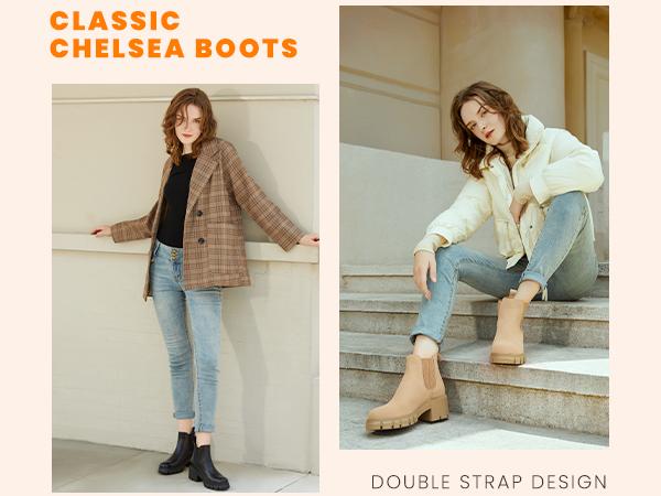 Women's Chelsea Boots Fashion Lug Sole Chunky Heel Slip on Elastic Ankle Booties