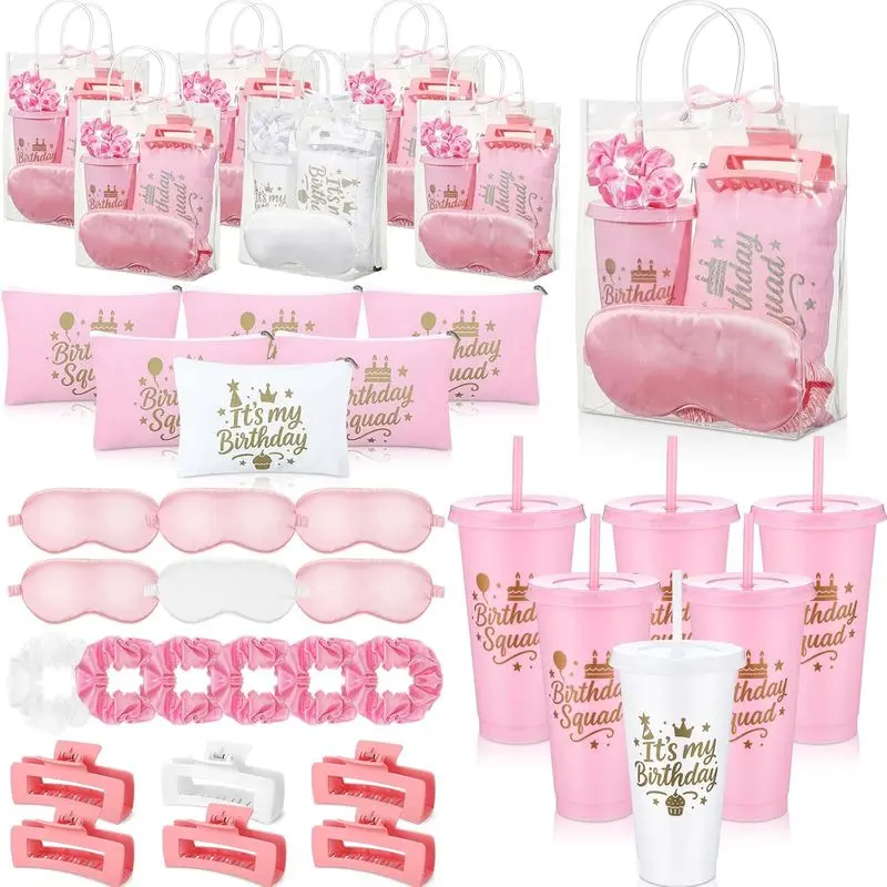 Women's 6-Piece Party Kits for Sleepovers, Set Includes Lidded Tumblers with Straws, Makeup Bags, Satin Eye Masks, Hair Clips & Scrunchies (Pink White) - Festive Spa Party Favors