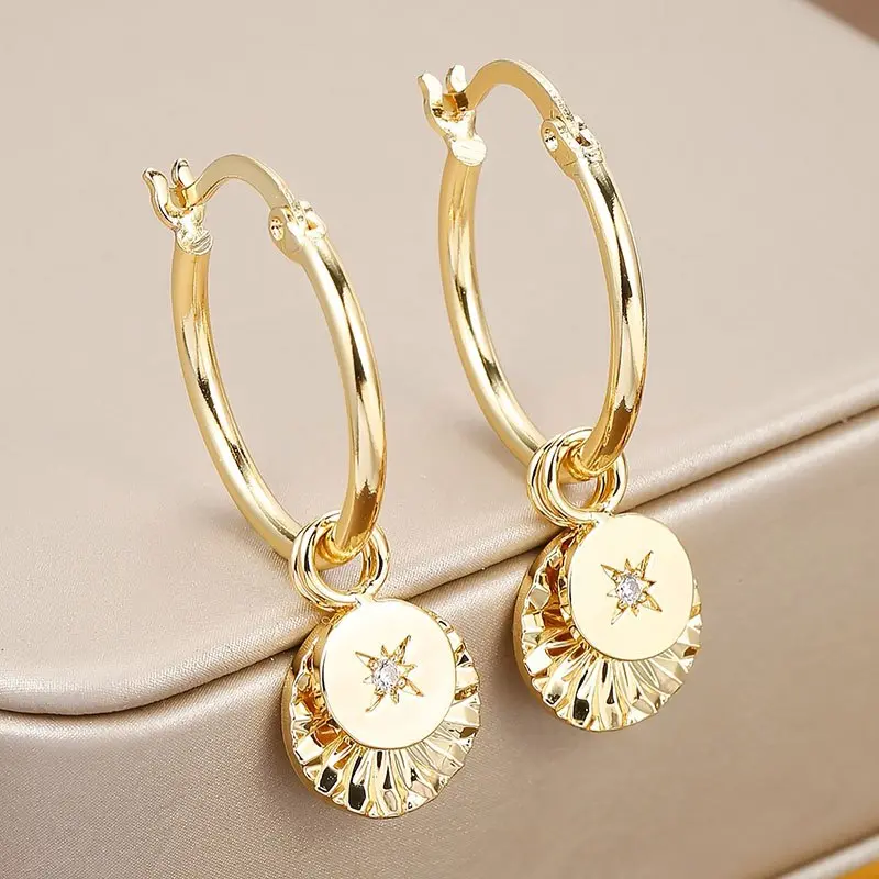 Dainty Stackable 14K Gold Double Layer Hoop Earrings, Inlaid CZ North Star With Sunburst Coin Charm, Vintage Stylish Drop Earrings For Daily Casual Look, Parties And Banquets, Lovely Present For Her